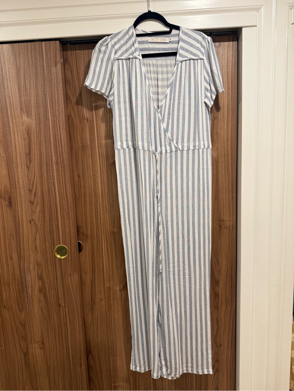 Christy Dawn Blue & White Vertical-Stripe Short-Sleeve Jumpsuit M